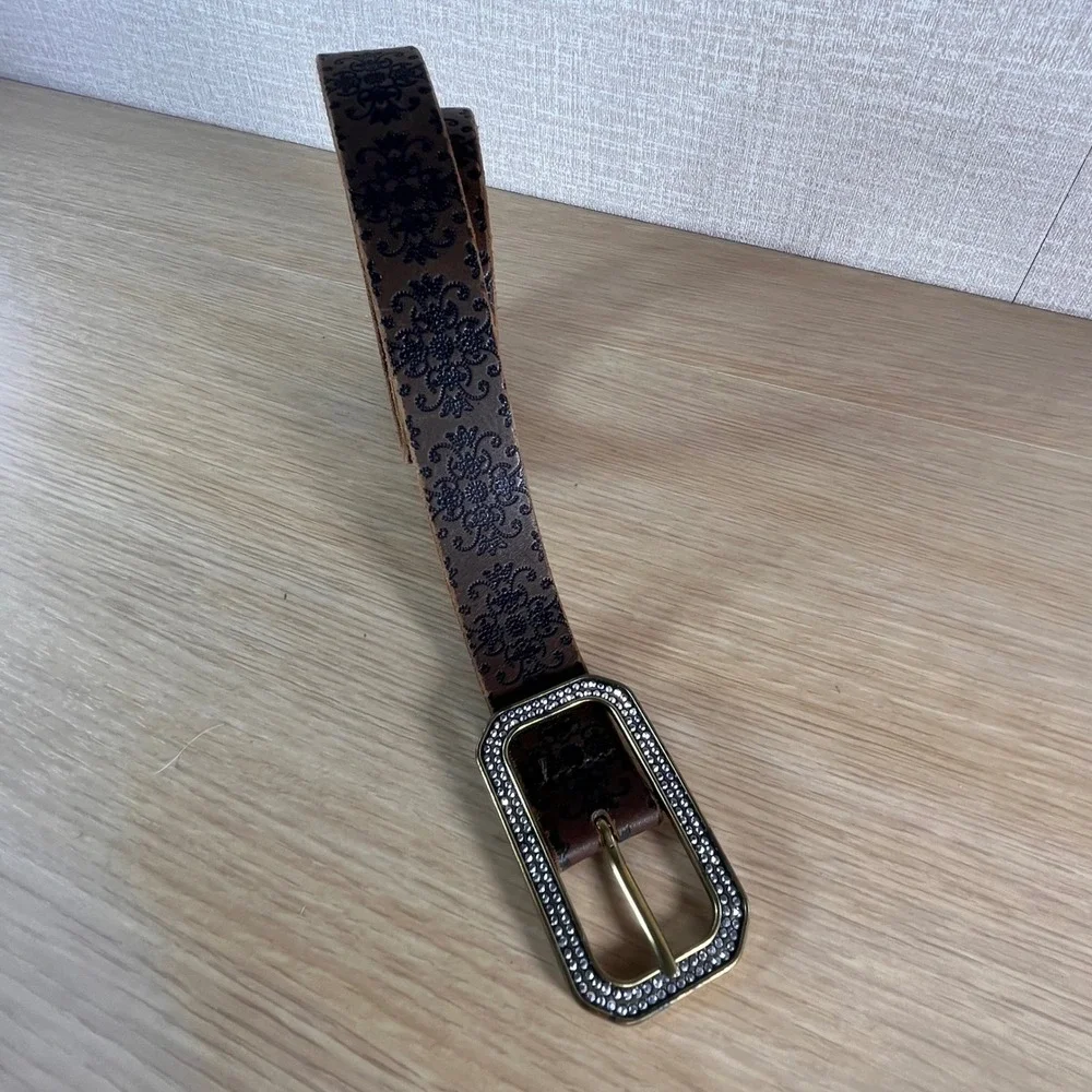 Women XXL Italian Leather Belt Brown Floral Rhinestone Buckle Western Boho Y2K